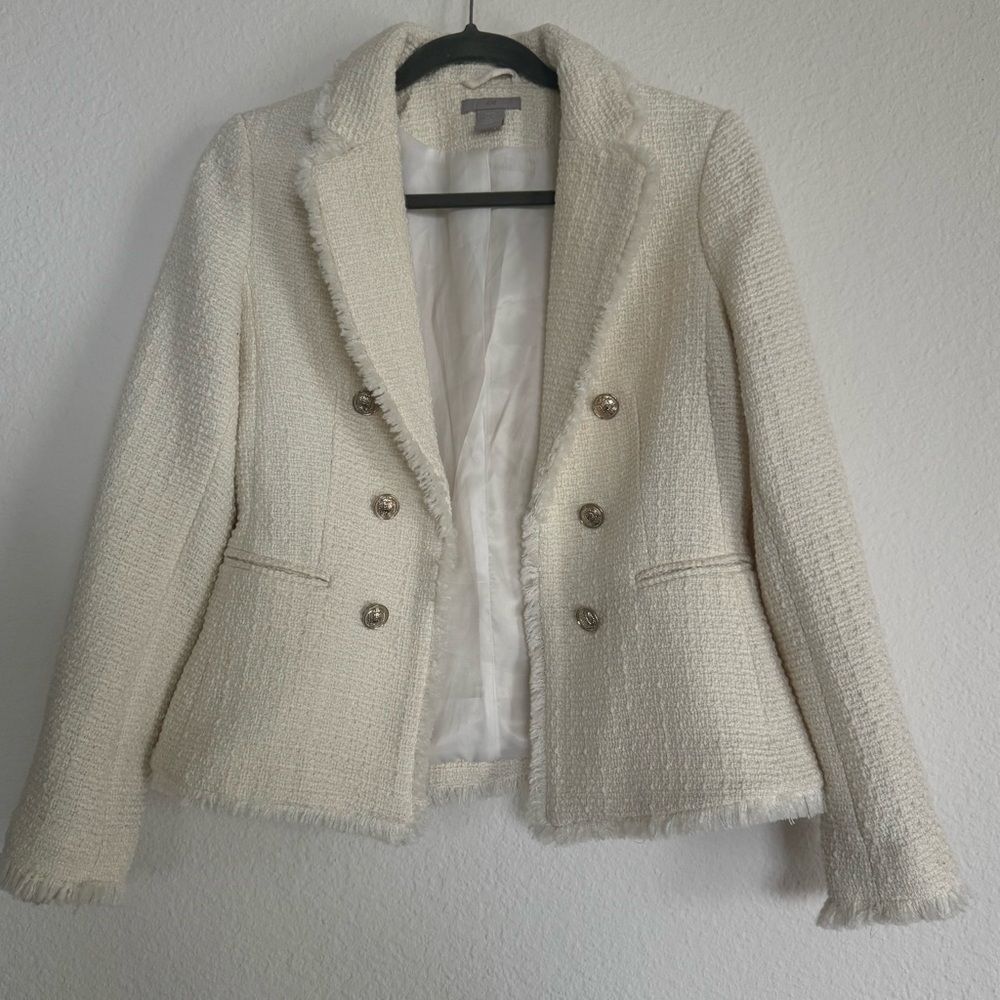 Cream Textured Jacket H&M New Without Tags Office Siren Quiet Luxury Size XS - Picture 4 of 16